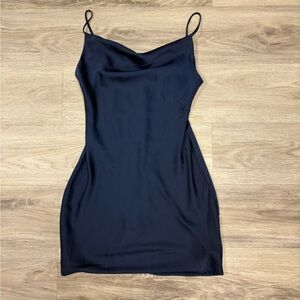 Elegant navy silk satin spaghetti strap Dress